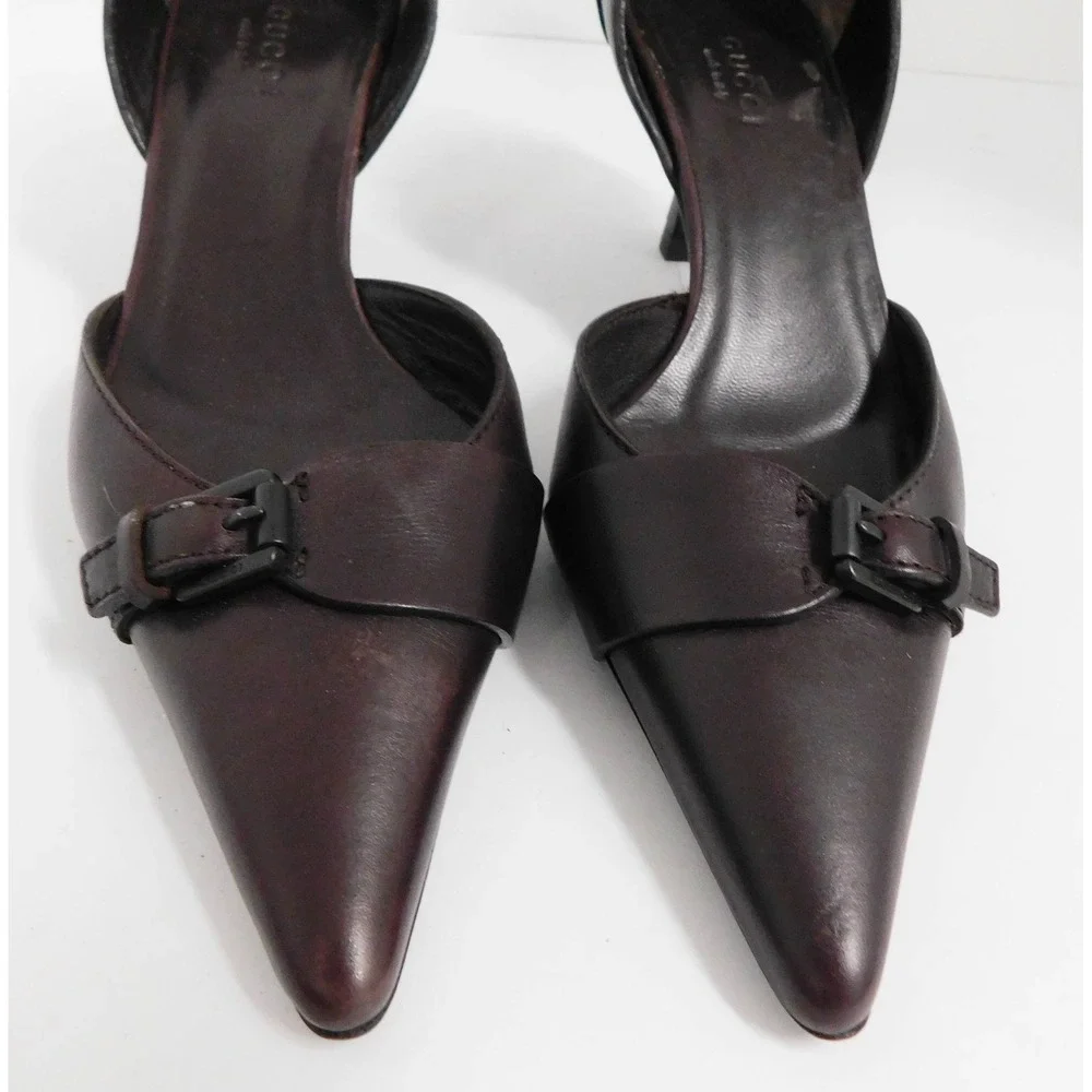 Gucci Brown Leather Pointed Buckle Kitten Heel Pumps Sz 35 C - Picture 3 of 6